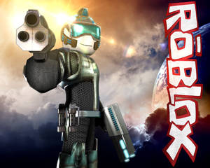 Roblox角色穿著科幻盔甲，在日落時分瞄準武器，背景有行星。