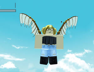 Roblox 角色帶蝙蝠翅膀在藍天白雲中漂浮。