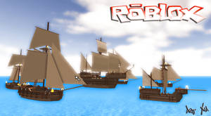三艘 Roblox 風格的海盜船在多雲的天空下航行於藍色水面。