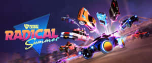 夜間Rocket League Radical Summer遊戲中，霓虹車在空中飛翔。