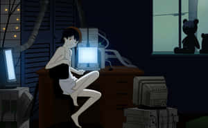 動漫女孩在電腦桌前，房間黑暗，屏幕發光，窗邊有泰迪熊。