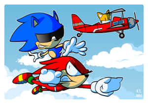 Sonic、Tails 和 Knuckles 在藍天白雲中飛行