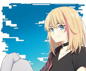 金髮藍眼動漫女孩在故障藍色背景上微笑。