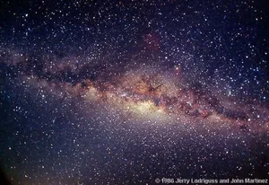 黑暗夜空中帶有密集星團和宇宙塵埃的銀河系。