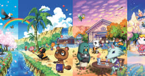 Animal Crossing角色在從春天到冬天的多彩季節場景中。