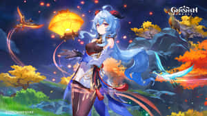 藍髮紅角的動漫女孩在秋夜森林中手持發光燈籠。