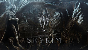 一個身穿華麗盔甲的黑暗奇幻戰士，站在發光的Skyrim標誌前，周圍是古老廢墟和陰影龍。