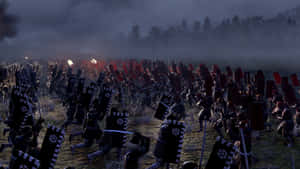 武士軍隊在黃昏時分的霧氣田野中衝鋒，紅旗和黑色盾牌。