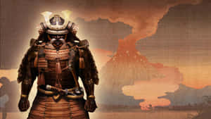 全副武裝的武士在夕陽下面對冒煙的火山。