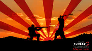 兩個剪影戰士在日落時交鋒，一個持劍，一個持步槍