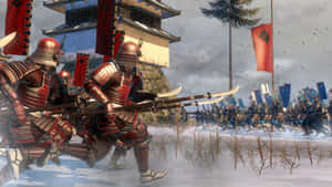 身穿紅色盔甲的武士戰士在雪地戰場上衝鋒，靠近一座日本塔樓。