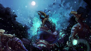 一隻發光藍色龍，金色角，在滿月下星空夜森林中咆哮。