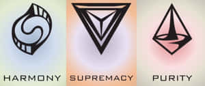三個抽象幾何標誌，標有 harmony supremacy purity，置於柔和色彩背景上。