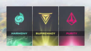 三張發光的陣營卡牌，標有 Harmony Supremacy 和 Purity，具有獨特的符號和配色方案。