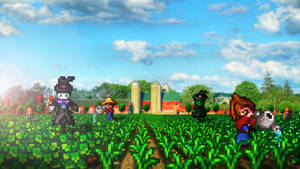 像素藝術農場場景，角色在紅色穀倉和筒倉附近的田野中。