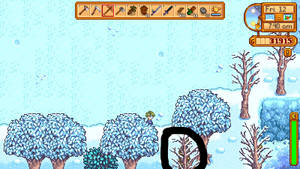 《星露谷物語》遊戲場景，有雪樹和冬季景觀中的角色。