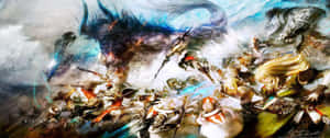 奇幻戰士與巨龍在混亂的魔法天空中戰鬥。