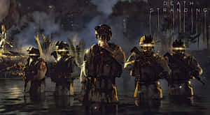 五名戴著發光頭盔的士兵在死亡擱淺的黑暗森林場景中涉水而過。