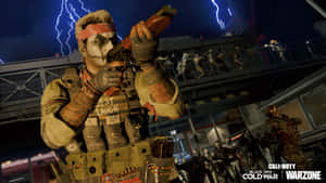 士兵在夜間瞄準步槍，喪屍在閃電下攻擊工業結構。 — Studio Display 壁紙