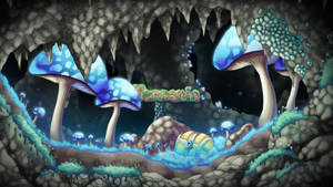 黑暗洞穴中發光的藍色蘑菇和寶箱，帶有 Terraria 標誌。