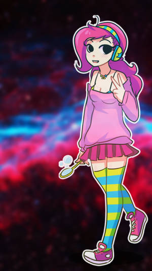 動漫女孩穿著粉紅色服裝和彩虹襪子在太空星雲中揮手。