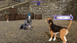 動漫角色和比格犬在石頭庭院中，帶有遊戲UI元素。