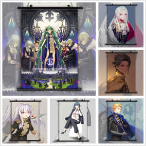 《Fire Emblem Three Houses》動漫角色掛軸，帶有奇幻服裝和城堡背景。