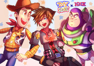 Woody Buzz Lightyear 和王國之心角色在星星背景下一起微笑。
