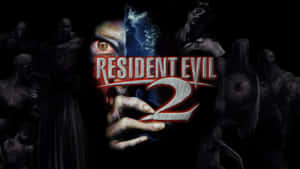 Resident Evil 2 遊戲標誌，在黑暗中有一個發光的眼睛和殭屍人物。