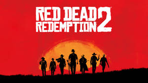 六個剪影牛仔站在夕陽前，帶有《Red Dead Redemption 2》標題。