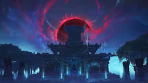 古廟在紅太陽下發光，夜空中魔法能量旋轉。