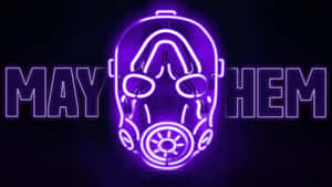 深色背景上帶有 'MAY HEM' 文字的霓虹紫色防毒面具。