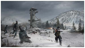 士兵在雪地山區向殭屍開槍射擊。