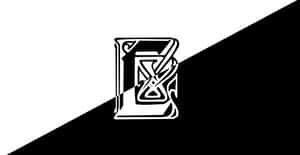 黑白對角分割背景，中央有一個白色華麗字母E花押字。