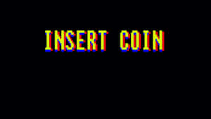 復古街機螢幕以彩虹像素文字顯示 insert coin。