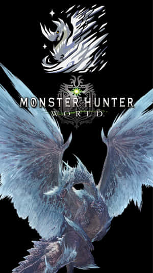 Monster Hunter World標誌，黑色背景上有一隻藍色有翼怪物