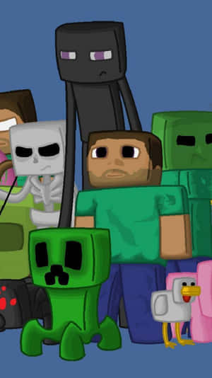 Minecraft角色如Steve和Enderman一起站在色彩繽紛的數碼場景中。