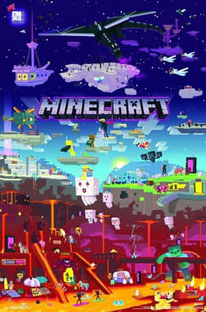 Minecraft遊戲海報，包含浮空島嶼、角色和一條龍，置身於色彩繽紛的像素藝術世界。