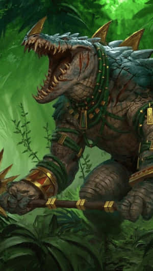 裝甲鱷魚戰士在叢林中咆哮，手持帶刺狼牙棒。 — 魔獸世界 壁紙