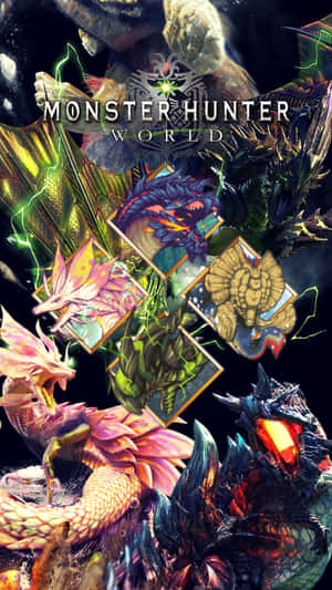 《魔物獵人 世界》宣傳藝術作品， featuring 多種色彩繽紛的奇幻魔物。