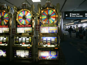 在繁忙的機場中發光的 Wheel of Fortune 老虎機，旅客們走過。
