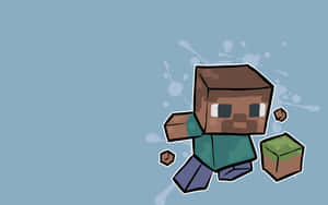 Minecraft角色在藍色背景上拿著草和泥土方塊奔跑。