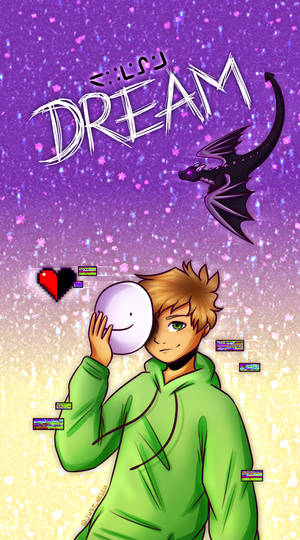 穿著綠色連帽衫的動漫男孩，在繁星點點的紫色天空下，手持微笑的月亮，旁邊有一條龍。 — 夢境 GIF 壁紙