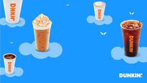 五杯Dunkin'冰飲漂浮在雲朵上，背景為藍色。