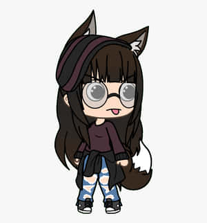 帶有狐狸耳朵、眼鏡和尾巴的Q版動漫女孩，穿著破洞牛仔褲和連帽衫。