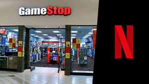 黑色背景上，Netflix標誌旁邊的GameStop商店入口。 — 遊戲 壁紙