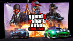 《俠盜獵車手Online》遊戲封面，蒙面角色和汽車在熾熱的城市混亂中。