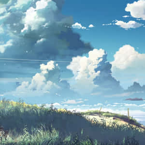 陽光普照的藍天下，草地山坡與蓬鬆白雲。