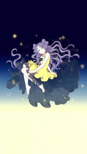 紫髮動漫女孩在星光暮色天空中漂浮，穿著黃色連衣裙。