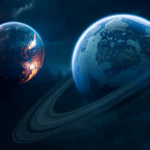 兩顆帶有發光極光的類地行星在深空中環繞著有光環的氣體巨星運行。